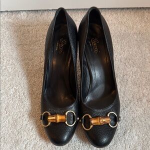 Gucci Black Leather Bamboo Horsebit Women's Heels